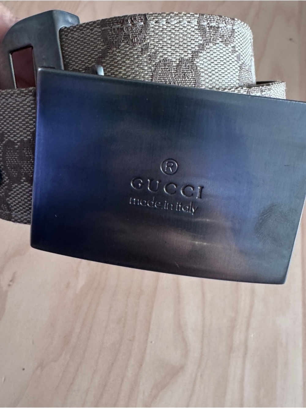 Gucci Brown Signature Canvas Belt with Brushed Metal Buckle